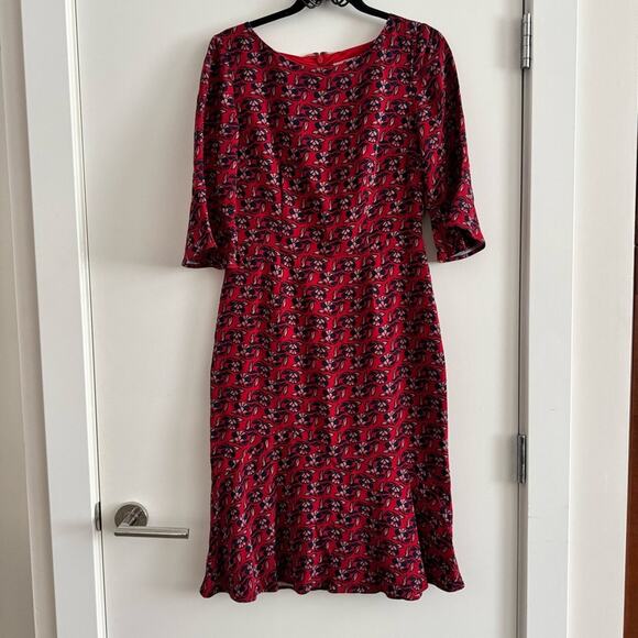 Boden Red Blue Floral Print Flounce Hem 3/4 Sleeve Midi Dress Women's size 6 - Picture 1 of 6